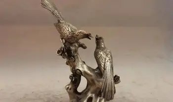 

China White Copper Silver Lucky Bird 2 Magpie Plum blossom Flower Art Statue