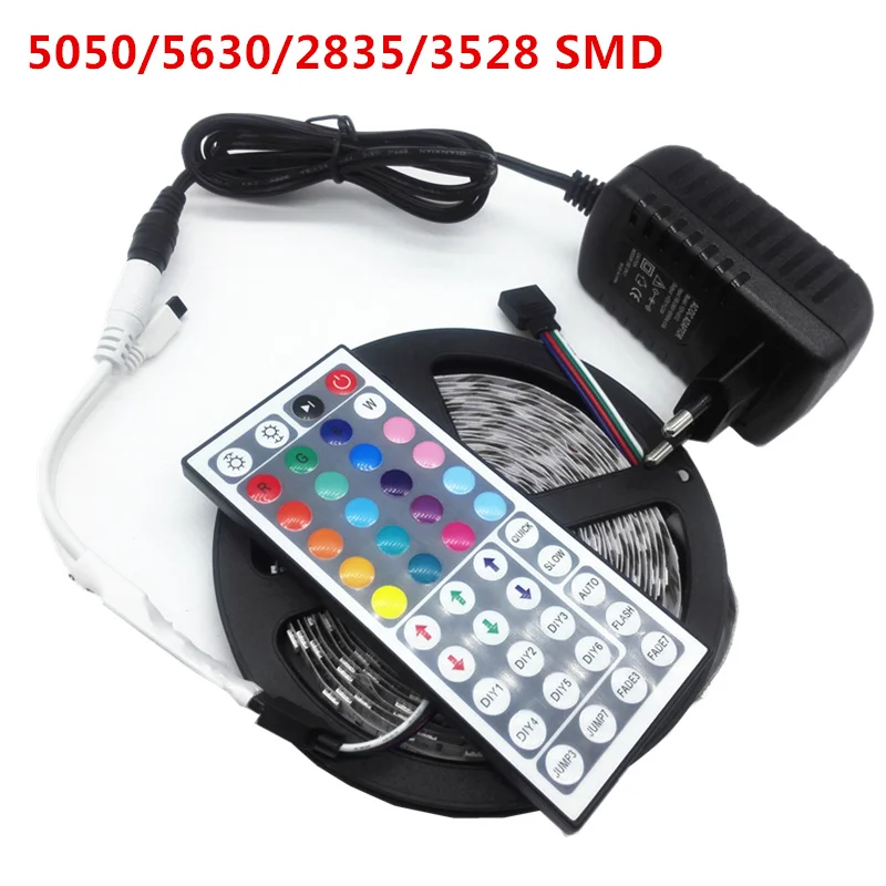 

RGB LED Strip Light 5630 5050 2835 3528 SMD Fita LED Stripe Tape Non-waterproof +44Keys Remote Controller+12V 2A Power adapter