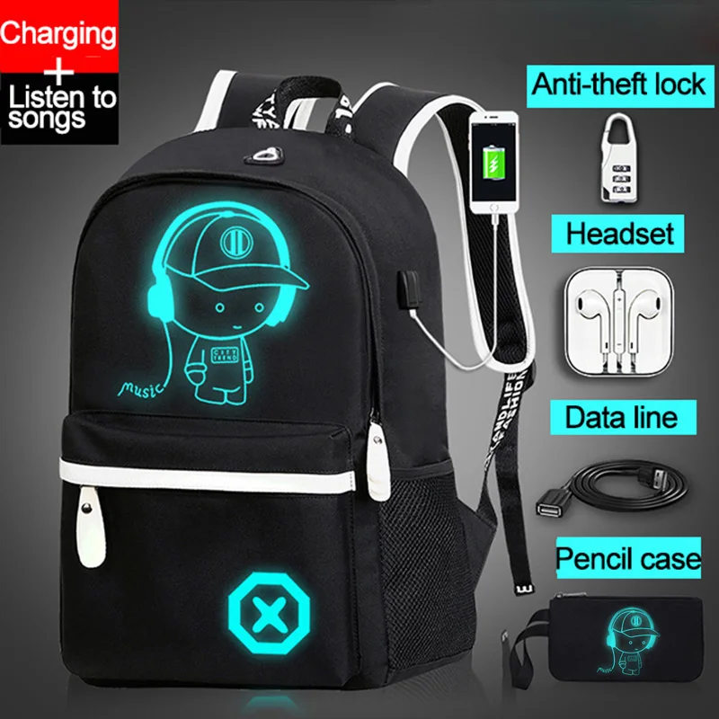 Рюкзак с USB зарядкой, детские школьные сумки для девочек-подростков, анимационный светящийся Школьный рюкзак, Противоугонный рюкзак для ноутбука, школьный рюкзак