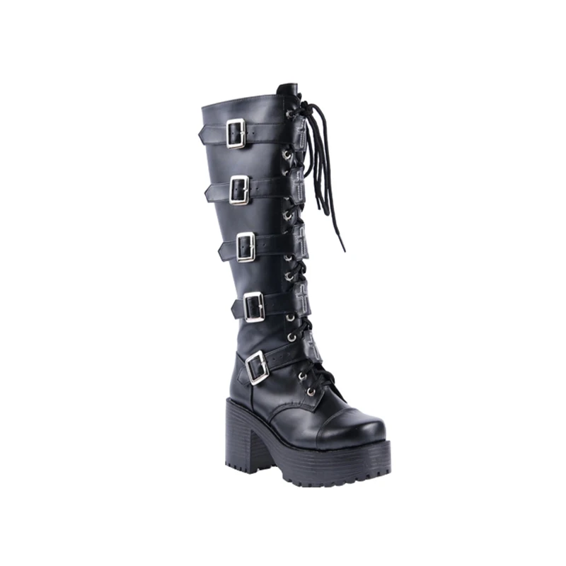Angelic imprint New Arrival PU Leather Round Toe Punk style  Lolita boots Knee Lace Up High Boots Stars Lolita Shoes Size 35-39