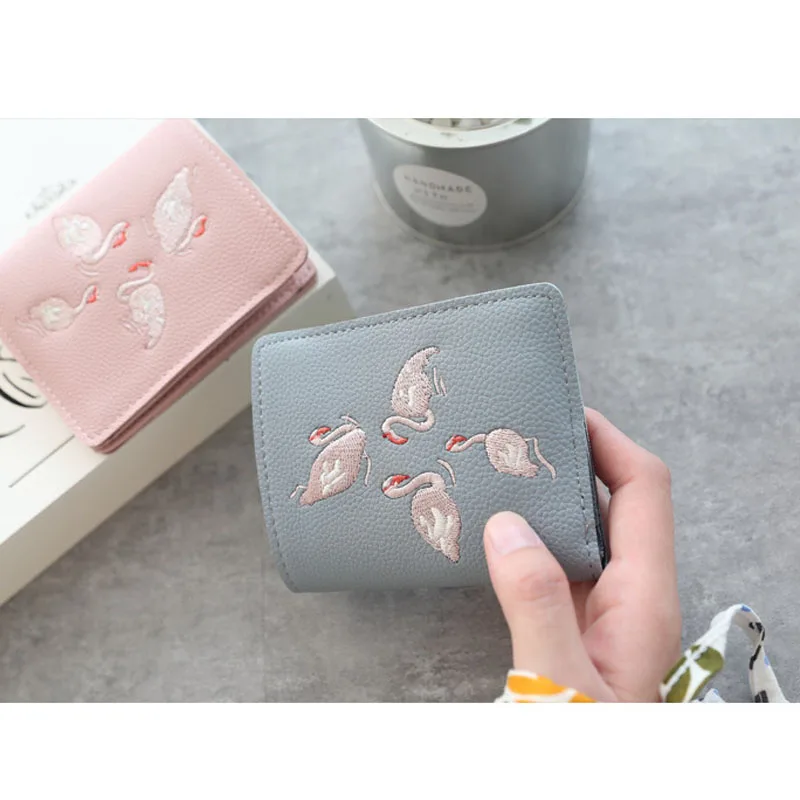 

Fashion Women Short Purse PU Leather Flamingo Embroidery Card Holder Coin Clutch Money Bag Ladies Girls Wallet Gifts WML