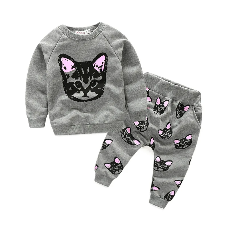 

2017 New Baby Girls Boys Kids Cat Two-Piece Long Sleeve O Neck Sweatershirt Sweater+Long Pants Outfits Sets