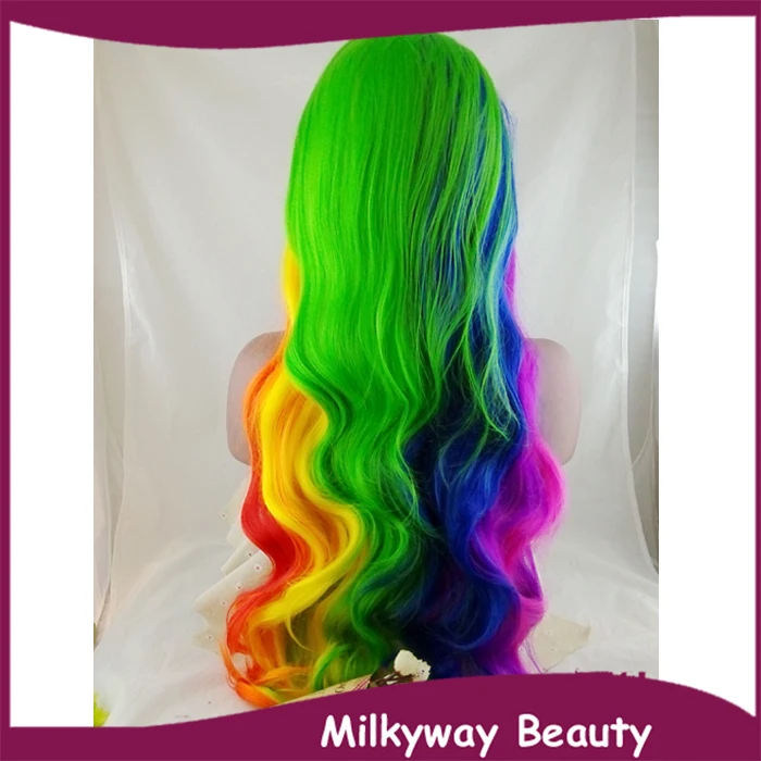 

Free Shipping new heat resistant fiber two tone long multi-color rainbow body wavy glueless synthetic lace front wig