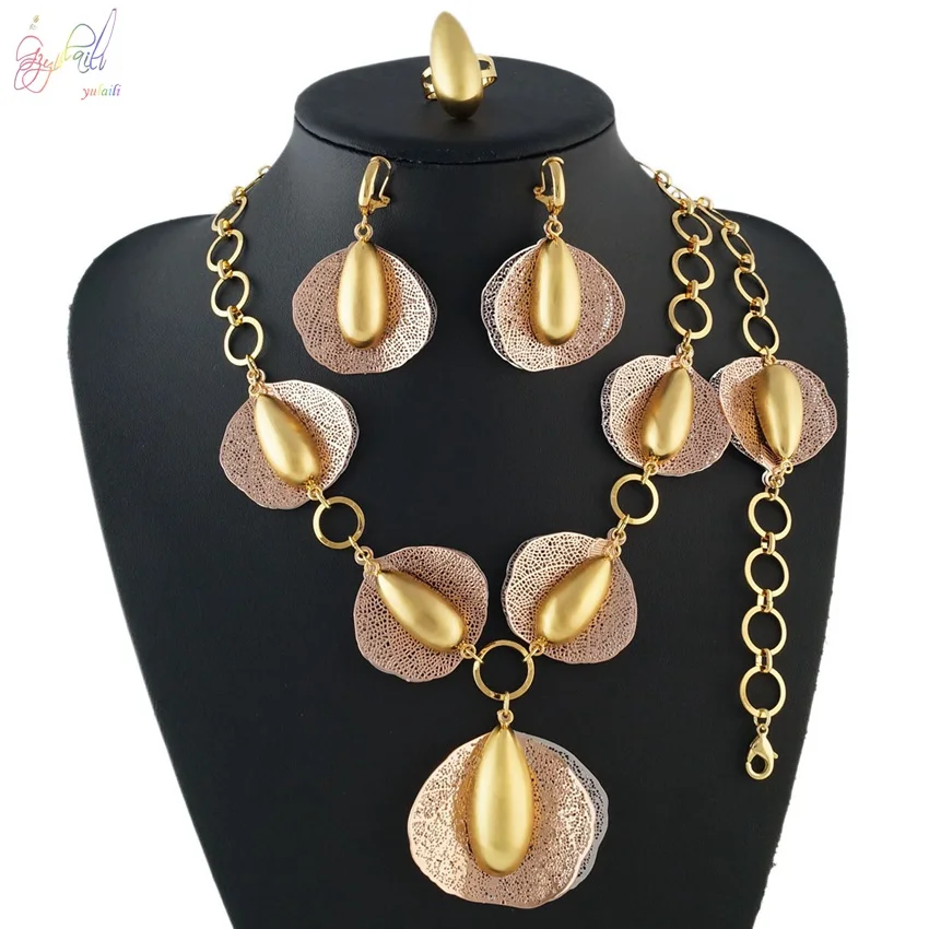 

YULAILI African Wedding Jewelry Dubai Pure Gold Color Jewelry Sets Necklace Bracelet Earrings Ring Accessories