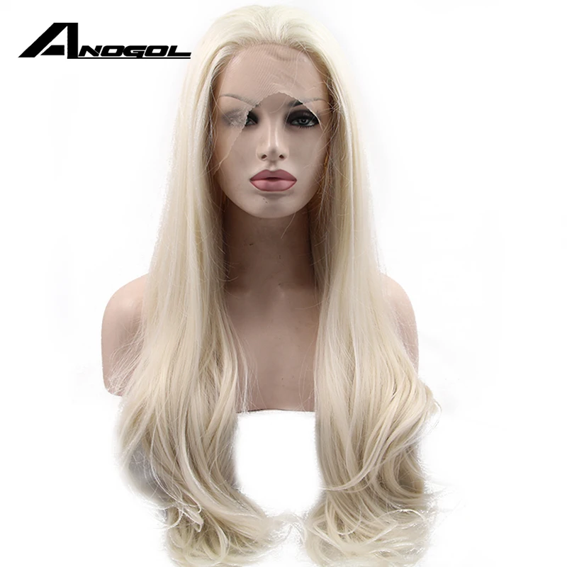 

Anogol Free Parting Natural Long Loose Wave High Temperature Fiber Platinum Blonde Synthetic Lace Front Wig For Women