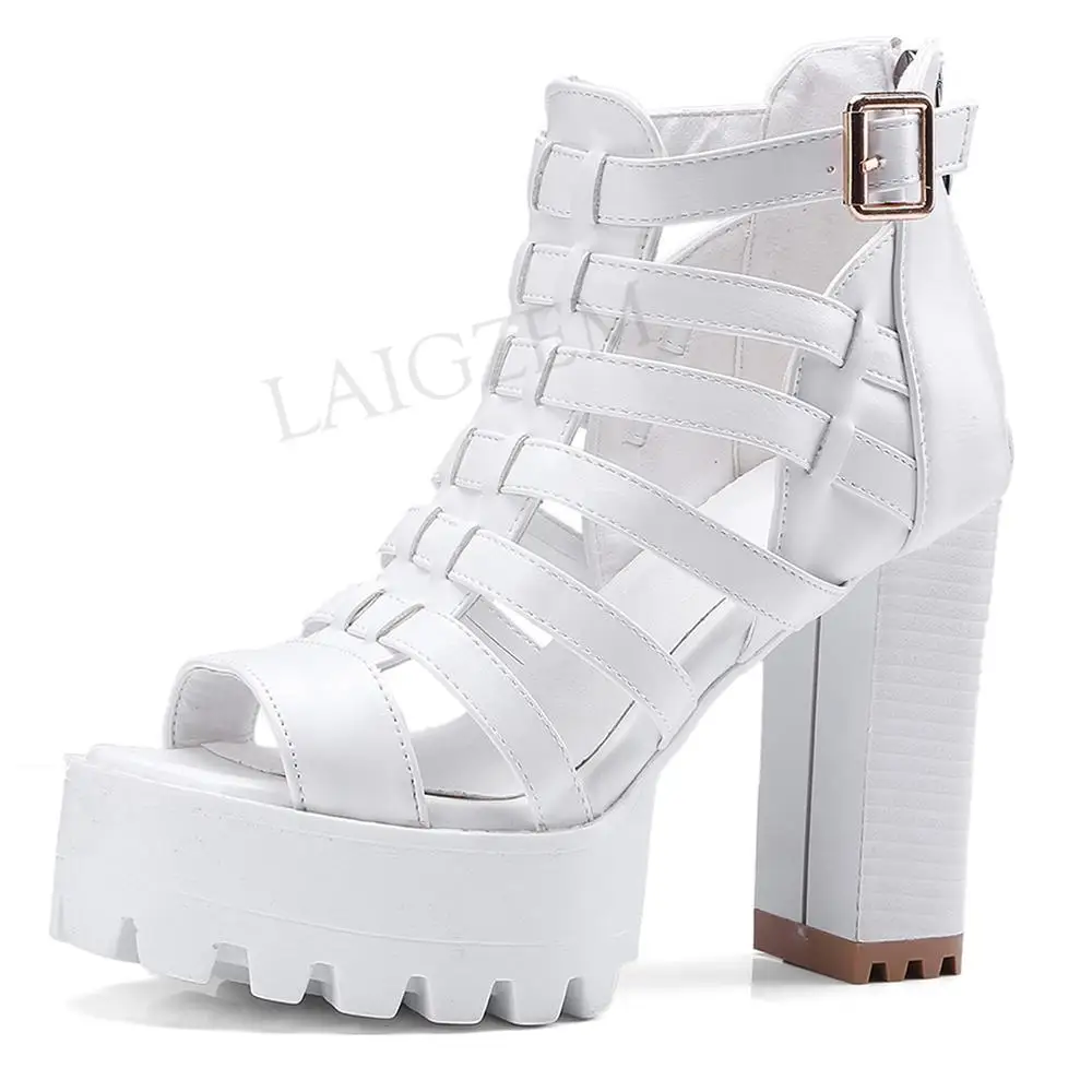 LAIGZEM FASHION Women Sandals Chunky Heels Sandals Straps Back Zipper Faux Leather Ladies Shoes Summer Woman Big Size 33-45 (16)