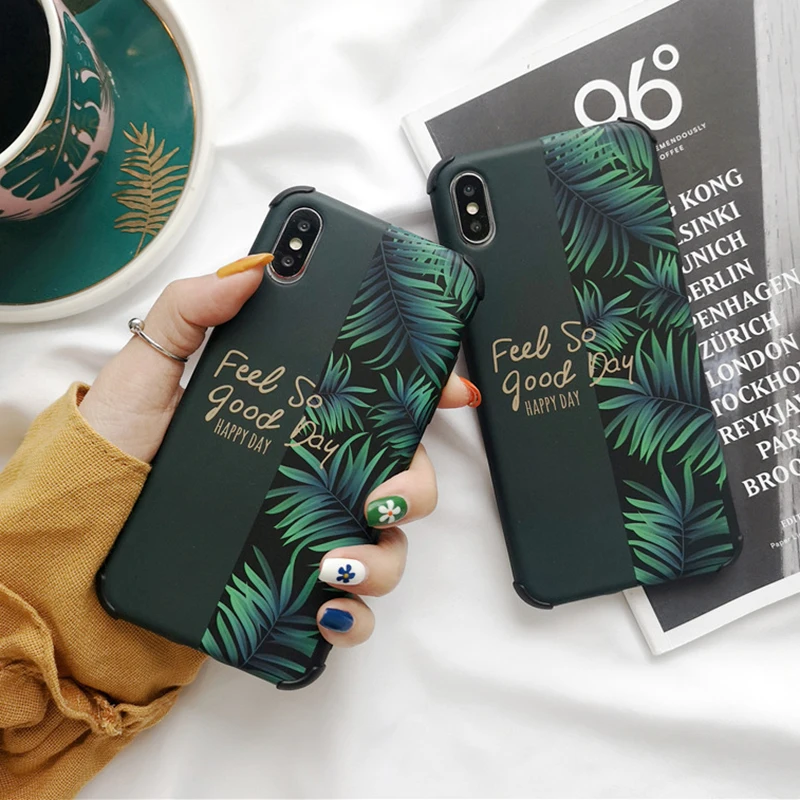 

Splicing Anti-knock Phone Cases For iPhone XS Max XR 6 6S 7 8 Plus XS X Soft IMD Banana Leaf Letters Back Cover Case