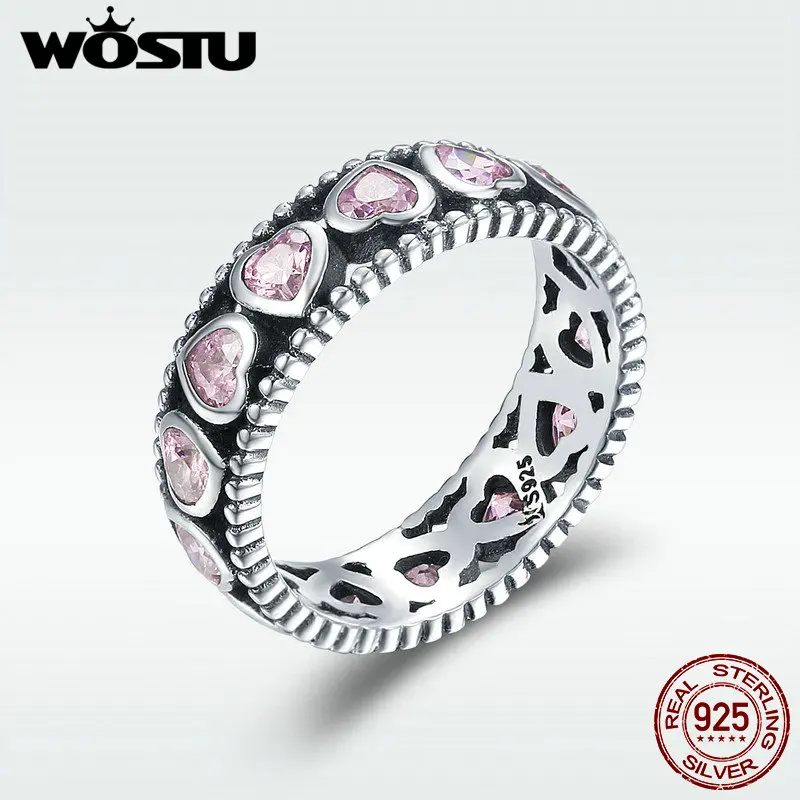 

WOSTU New Trendy 925 Sterling Silver Romance Pink Heart Stackable Rings For Women Fashion Wedding Jewelry Girlfriend Gift DXR166