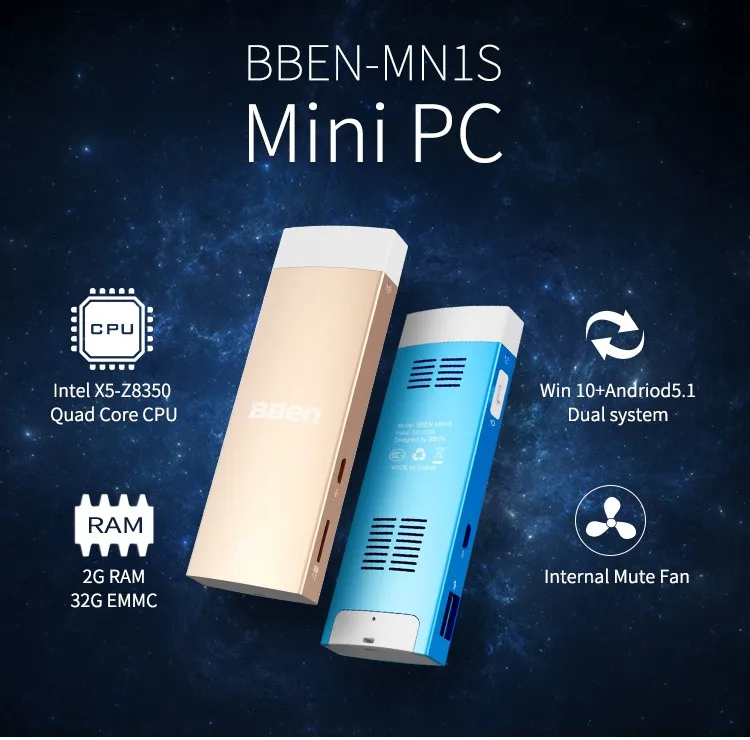 Холодный и красочные BBen Mini PC Windows Android двойной Системы 4 ядра Intel Z8350 2 г Оперативная память Wi-Fi BT4.0 мини-компьютер карман PC