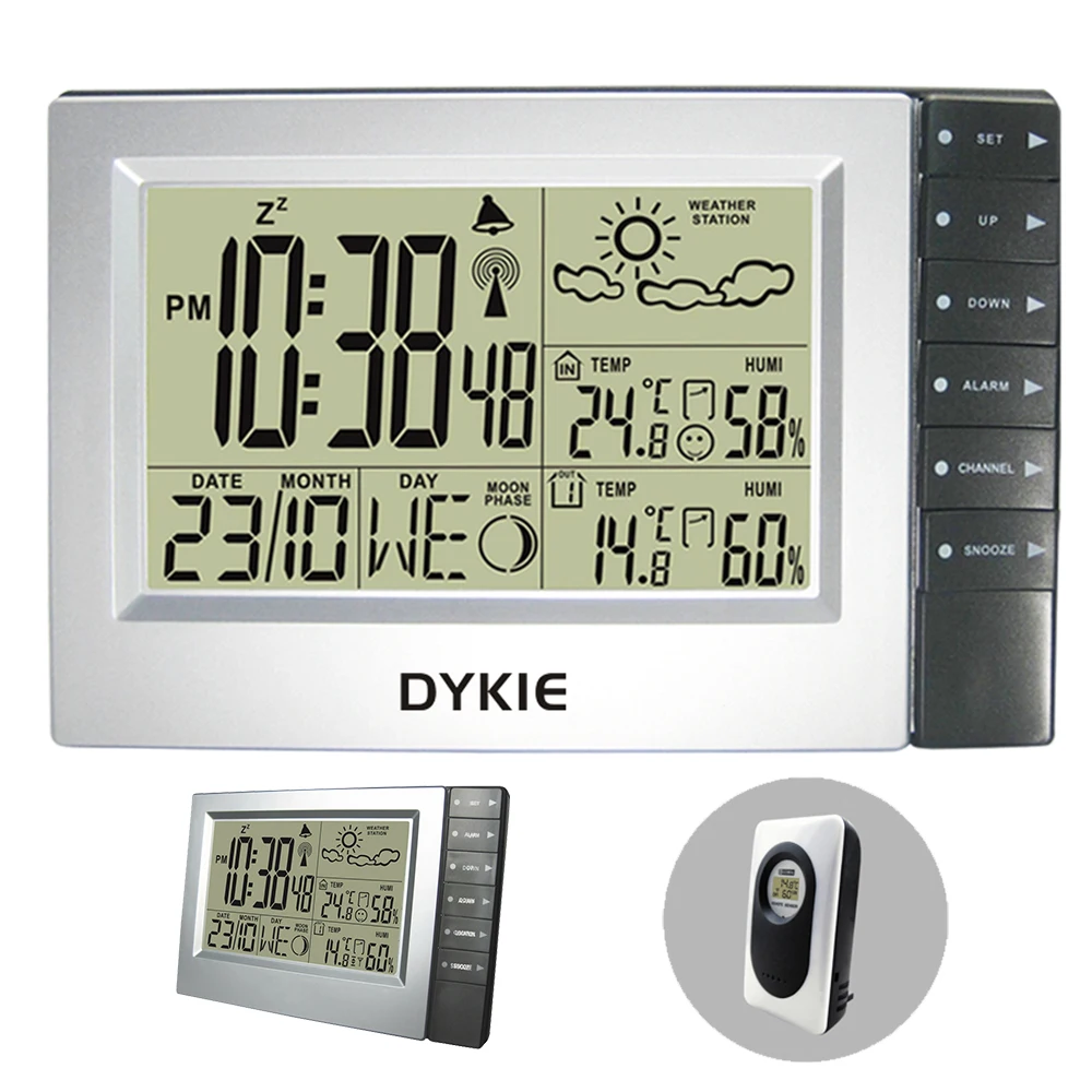 

DYKIE Free Shipping RF Wireless Weather Station with Home Office Digital Atomic Alarm Clock Indoor Outdoor Thermometer Humidity