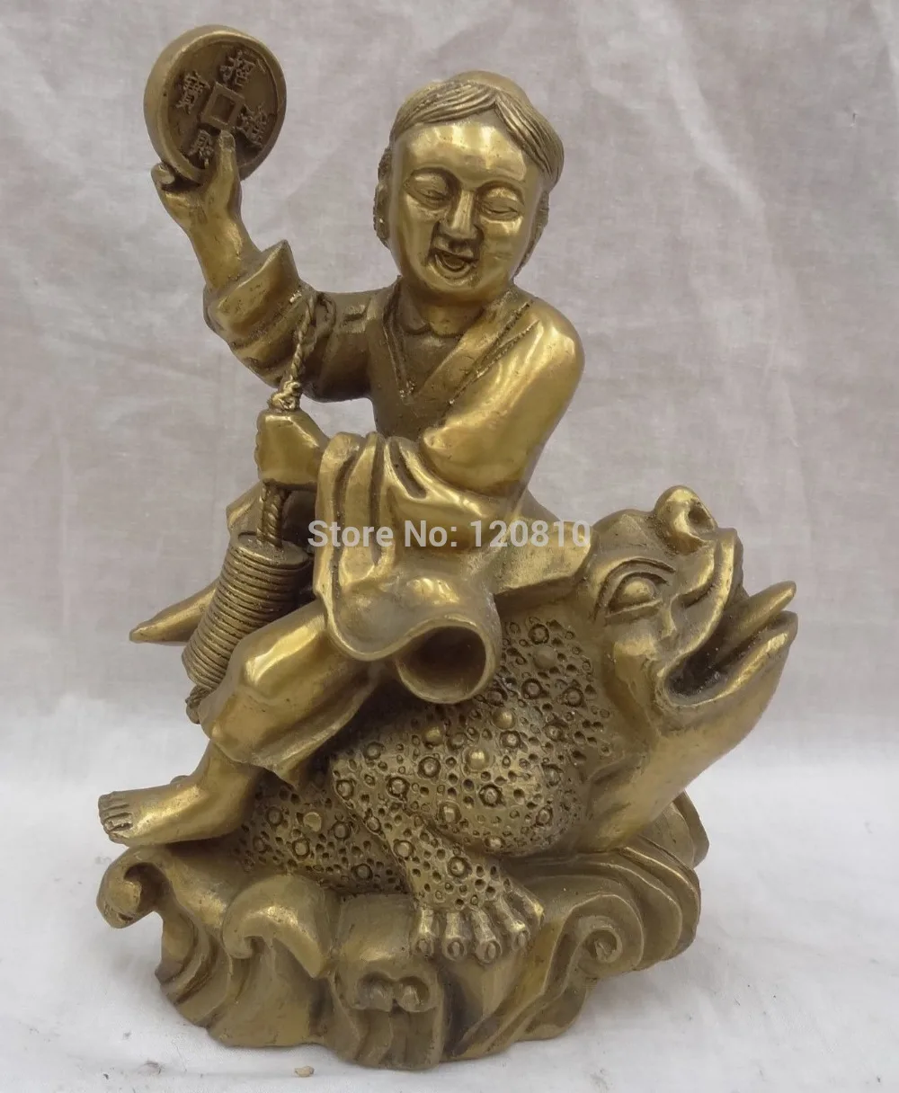 

China Brass Wealth Coin Sculpture Kid Child LiHai Ride Gilt Hoptoad Toad Statue