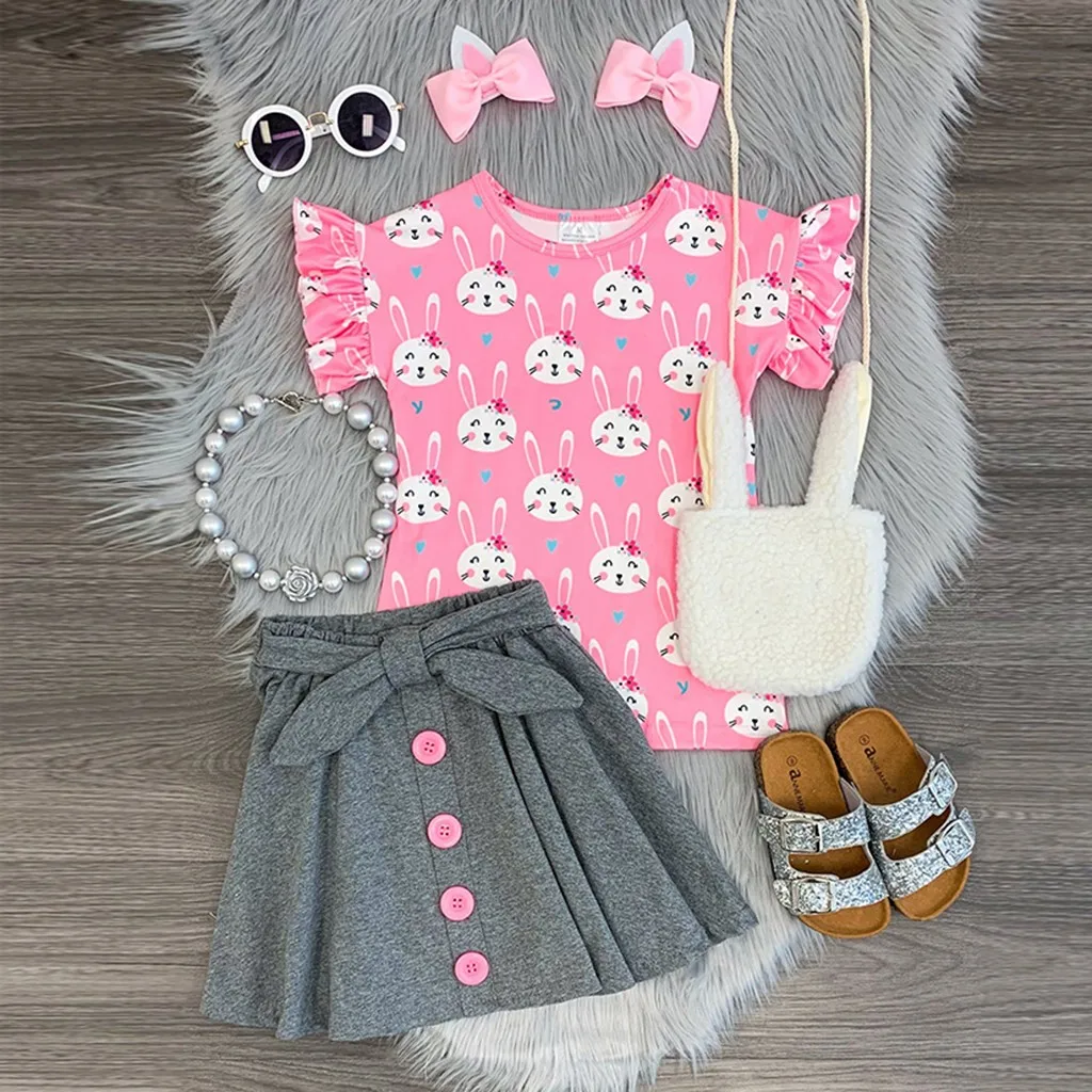 Детская одежда для маленьких девочек футболка с короткими рукавами и рисунком кролика+ юбка-пачка, комплект одежды для девочек, тренировочный костюм