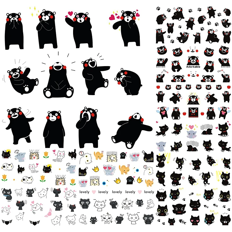 

12 Sheets cartoon water transfer nail sticker decals manicure nails sticker art decorations supplies tool bear cat design
