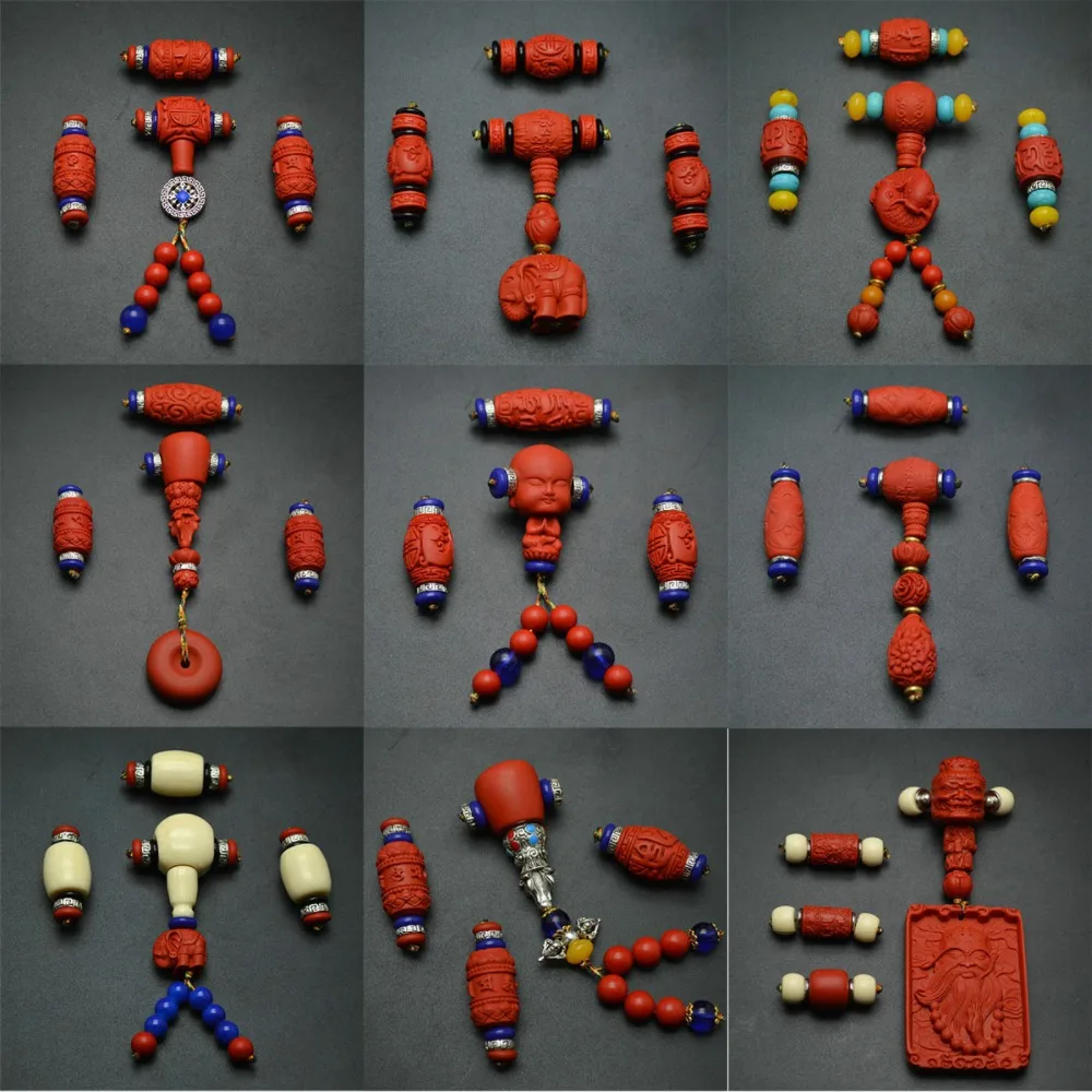 

Many Styles Prayer Mala Buddhism Guru & Barrel Shape Beads Red Cinnabar Carved Pendant For Necklace Making Materials 5set/lot