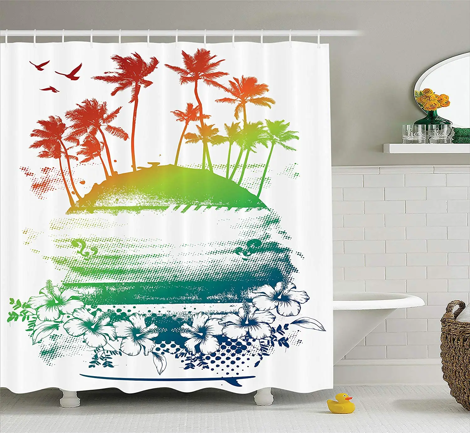 Ocean Island Shower Curtain Grunge Style Artsy Inky Colorful Summer
