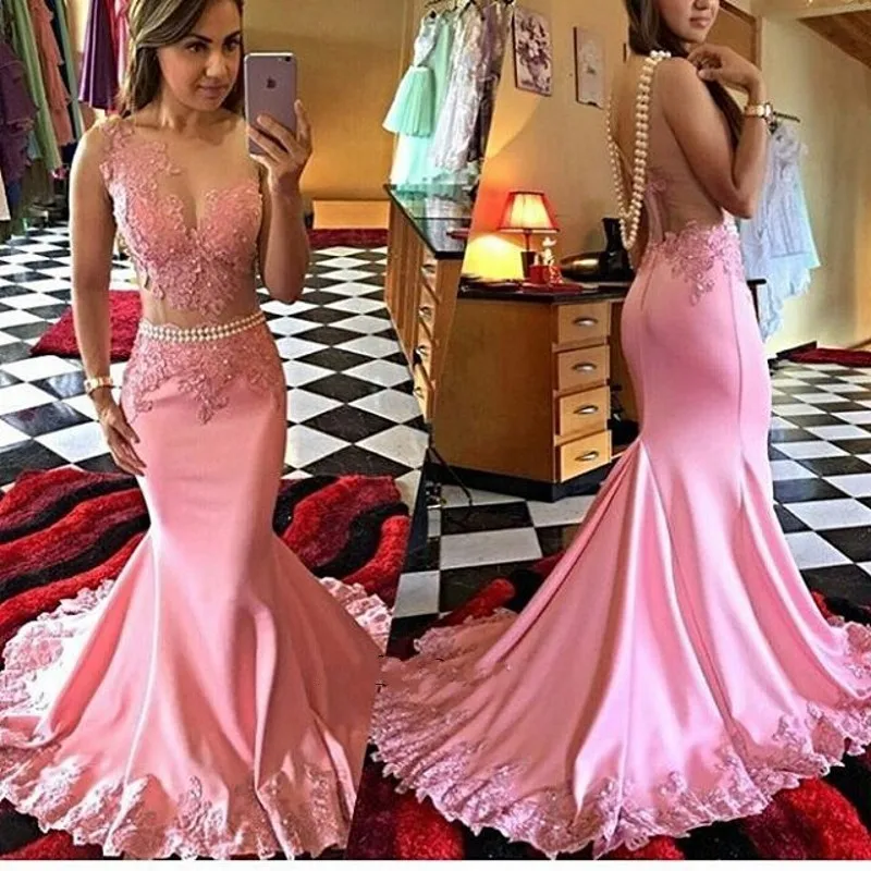 

Exquisite Pink Pearls Sashes Mermaid Evening Dresses Long 2019 Sexy Sheer Lace Appliques Formal Gowns Vestido De Festa Custom