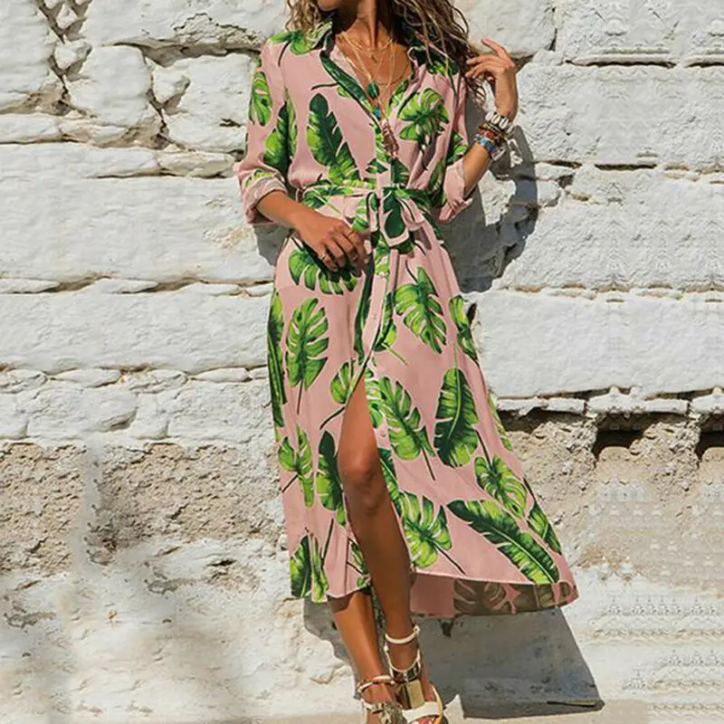 

Summer Bohemian Women Long Maxi Dress Floral Print Split Hem Long Sleeve Female Shirt Beach Dress Plus Size Sundress