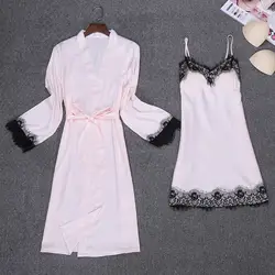 Пикантные весенние 2 шт. халат костюм топ на бретелях кимоно пижамы наборы для ухода за кожей повседневное Женская домашняя одежда пижам