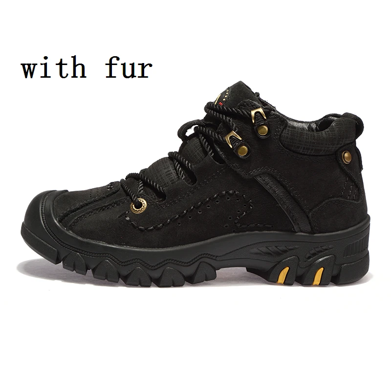 Золотистые Женские Горные ботинки из натуральной кожи; женская походная обувь на платформе; резиновые походные ботинки; женская обувь для охоты - Цвет: Black with Fur