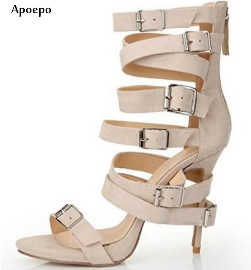 

New Nude PU Leather High Heel Sandal 2018 Sexy Open Toe Buckle Strap Gladiator Sandal Narrow-band Cutouts Thin Heels Sandal