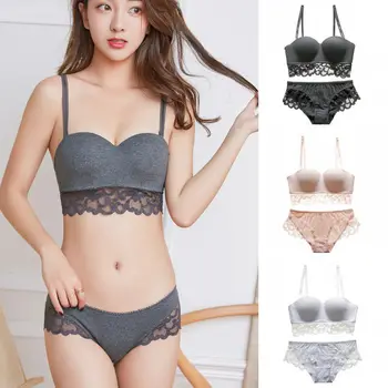 

2019 Women Pure Cotton Lace No Trace No Steel Ring Thickening Gathered Bra + Underwear Set Detachable Shoulder Strap Bra