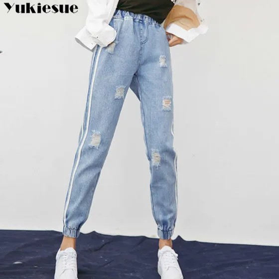 

Harajuku Fresh Striped Holes Ripped Jeans for Women Preppy Style Elastic High Waist Jeans Femme Jeans Mujer 2019 Dropship