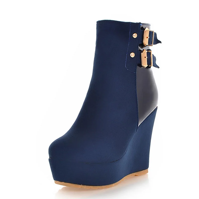 Taoffen/обувь; женские ботинки на высоком каблуке; женские ботильоны на танкетке с металлической пряжкой и молнией; зимние короткие ботинки; размеры 34-39 - Цвет: Синий