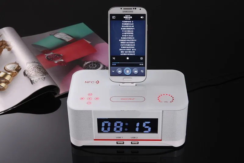 EXRIZU A8 сигнализация Зарядное устройство Док-Станция Bluetooth стерео динамик с NFC FM Радио пульт дистанционного управления для iPhone XS 8 7 6 Plus samsung