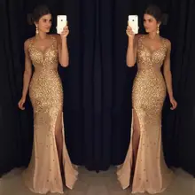 2017 Sweetherat Glänzende Mermdia Abendkleid Kristalle Perlen Handgemachte Lange Abendkleider Prom Party mit Seitenschlitz für Frauen