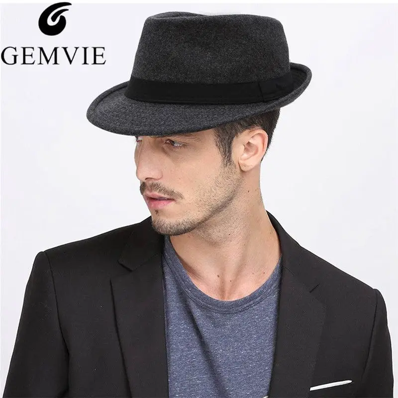 GEMVIE Men Classical Jazz Cap Solid Color British Style Fedora Hat