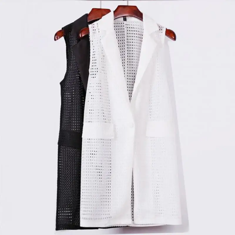 Plus Size 4xl Women Black Long Hollow Vest Coat Style Waistcoats Sleeveless Jacket Oversized Outwear Top Chaleco Roupa Female