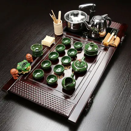 

Household Tea Set Purple Sand Kung Fu Solid Wood Tea Tray Set Teapot Teacup four in one induction cooker Tea table Tea Ceremony