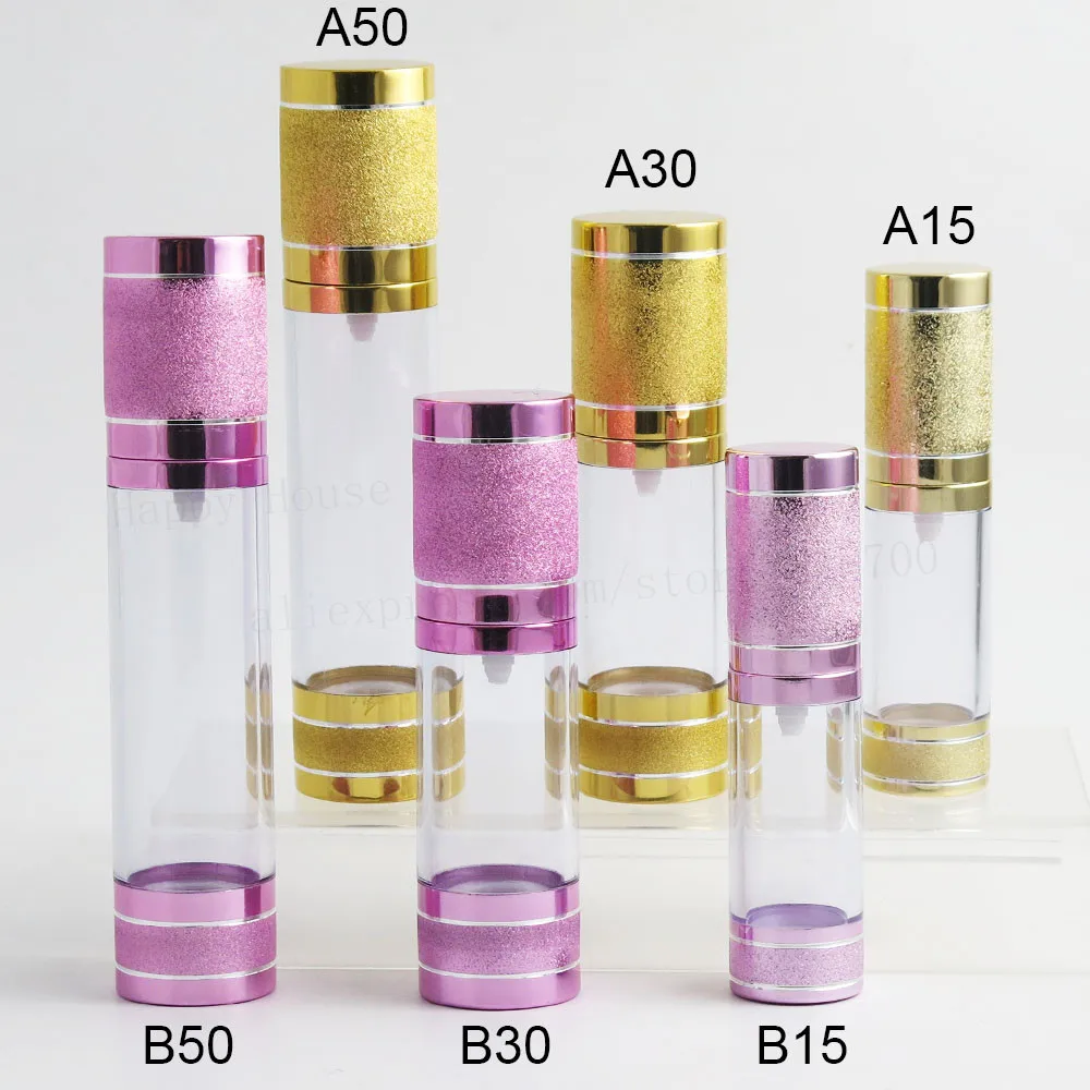 360pcs 15ML 30ML 50ML Cosmetic Vacuum Flask Pump Transparent Bottle Pink Gold Cap for Essential oils 2