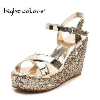

Women Sandals 2019 New Fashion Ladies Casual Shoes Bling Wedges Buckle Strap Platform Shoes 10 CM Summer Sandals