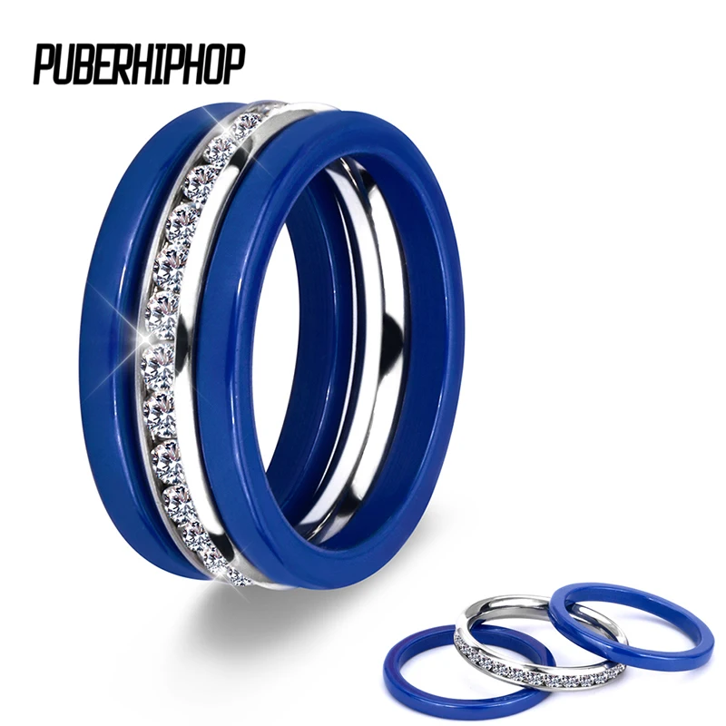Goedkoop 3 stks set 2017 Hot Blue Keramische Ringen Rvs Keramische Drie Lijnen Trouwringen Met Crystal Accessoires Zirkoon Sieraden