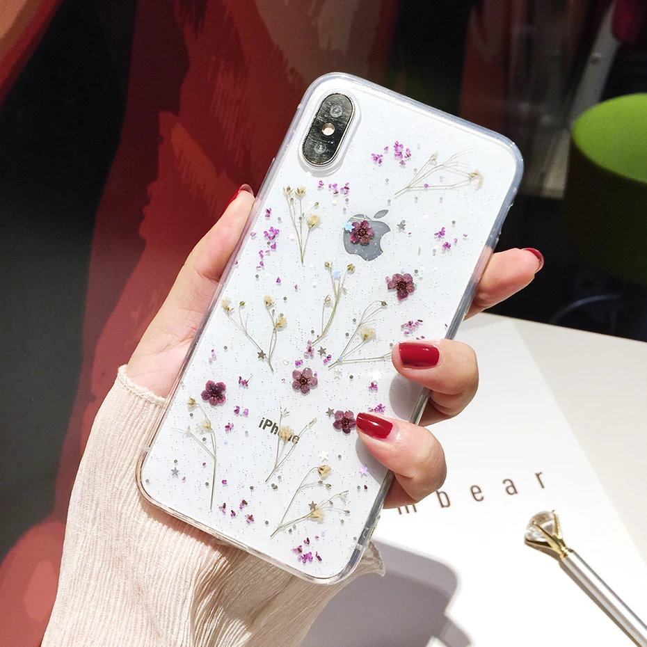 Qianliyao الحقيقي الزهور زهور مجففة شفافة لينة غطاء من البولي يوريثان الحراري ل iphone X 6 6 S 7 8 زائد جراب هاتف ل iphone XR XS ماكس غطاء