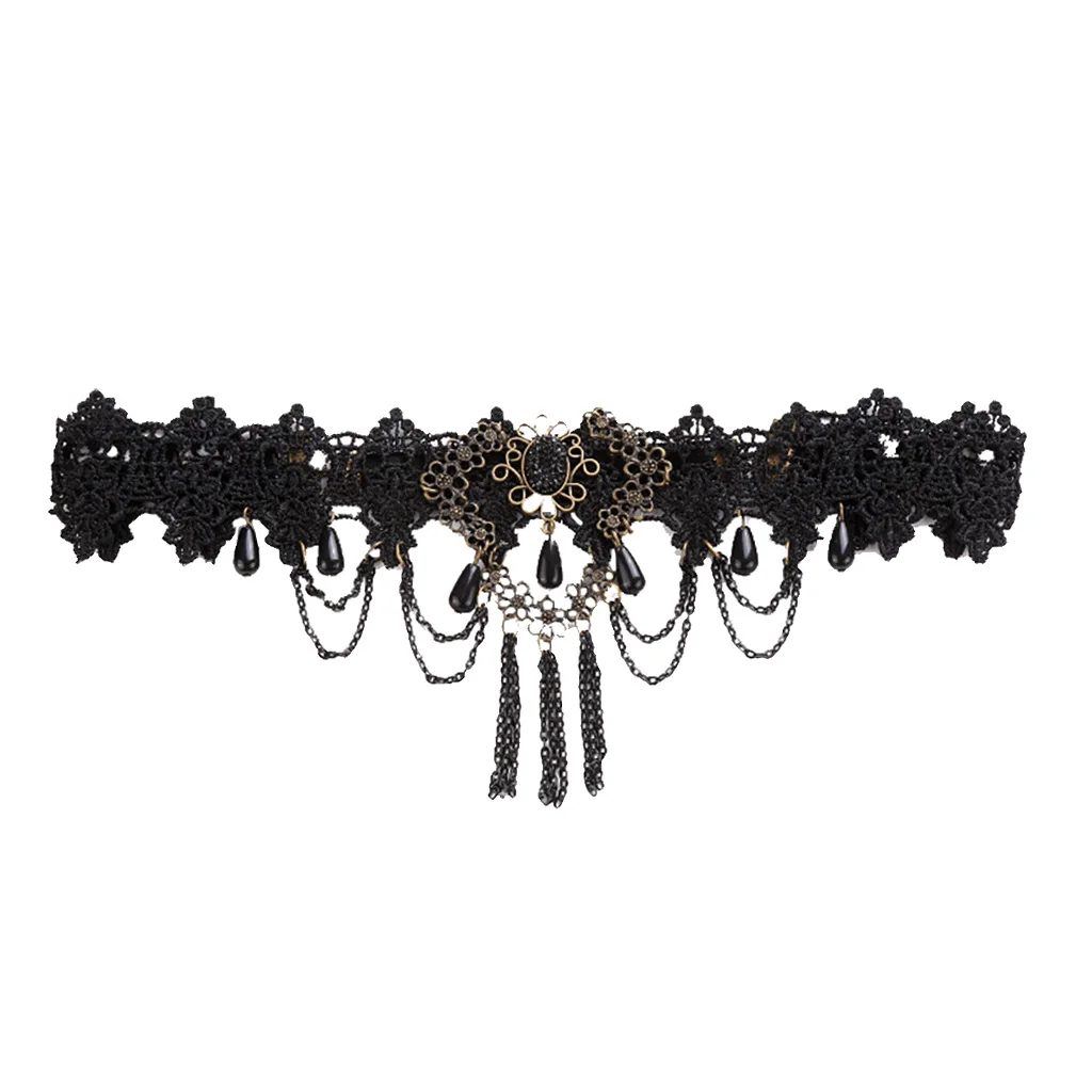 Phenovo Romantic Gothic Style Headband Women Black Lace Tassel Beads Hair Band for Party Fashion Jewelry