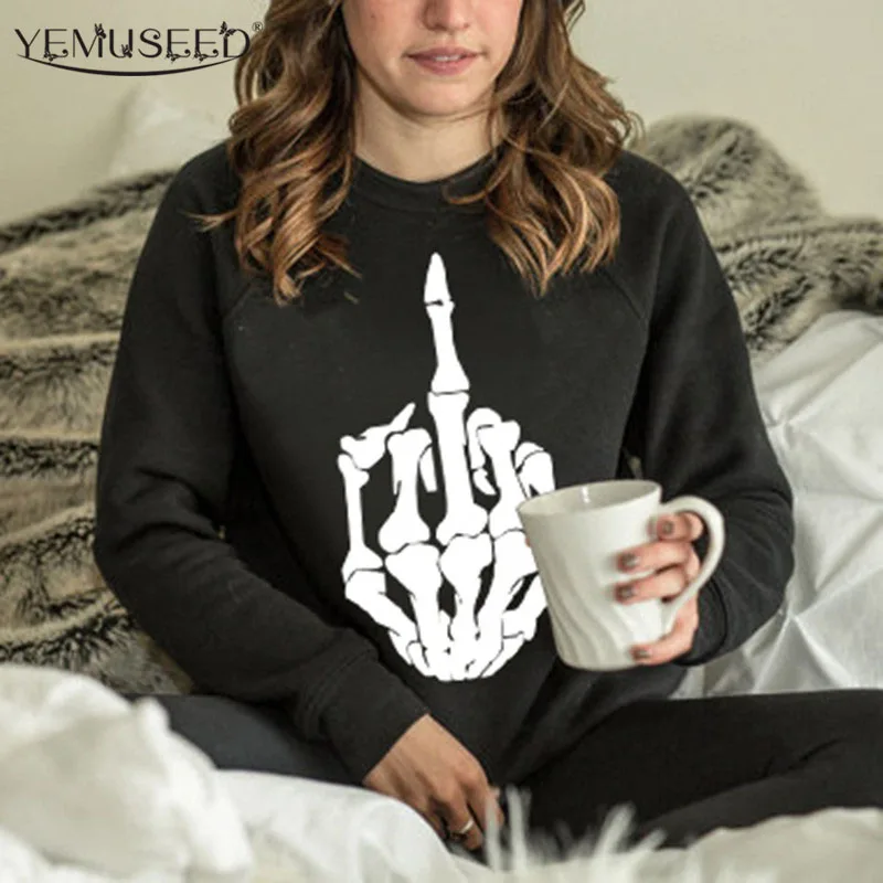 

H1201 Women's O-neck Fashion Sweatshirts Punk Skull Bone Print Hoodies Plus Size Pullovers