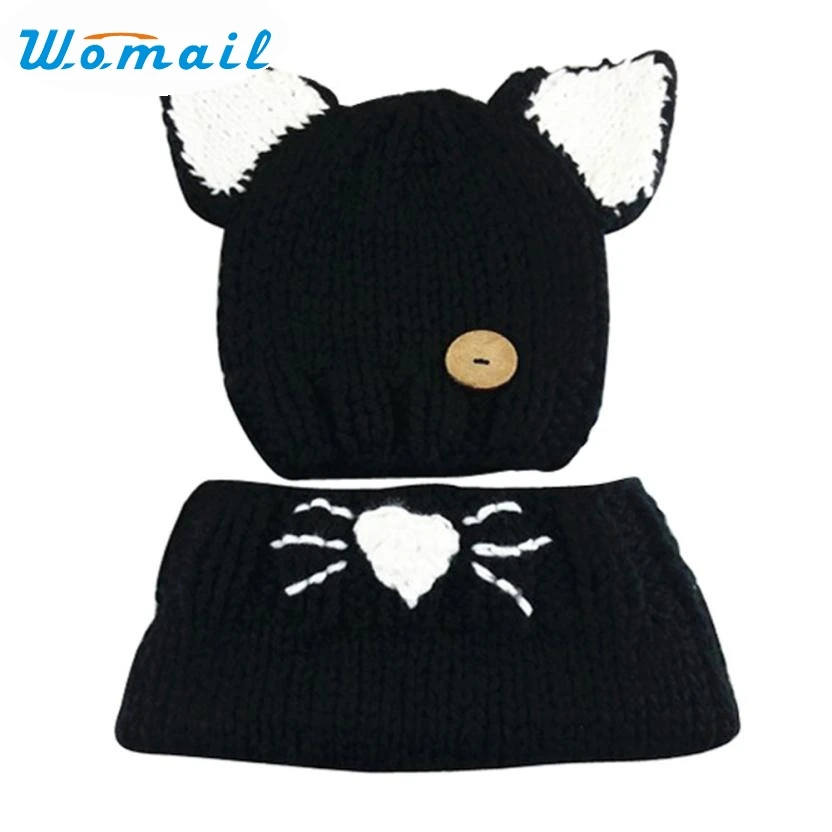 Womail Newly Design Kids Winter Wool Knitted Cat Hats Baby Girls Black