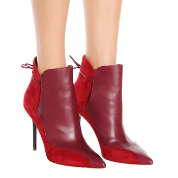 

2019 Design Patchwork Ankle Boots For Women Suede Leather Gladiator Black Red Short Booties Pointy Toe Lace Up Dress Shoes Women