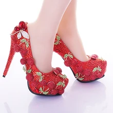 2016 hochzeit Prom Party Schuhe Rot Strass Kirsche Design Ladies Customized High Heel Brautschuhe Glänzende Bankett Kleid Schuhe