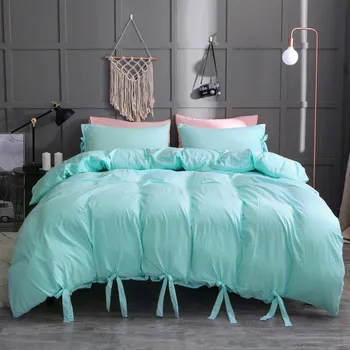

Sky Blue Color Lace-up Washed Cotton Duvet Cover Modern Style Set 3 Piece Simple Plain Quilt Cover Pillowcase Full Size L624