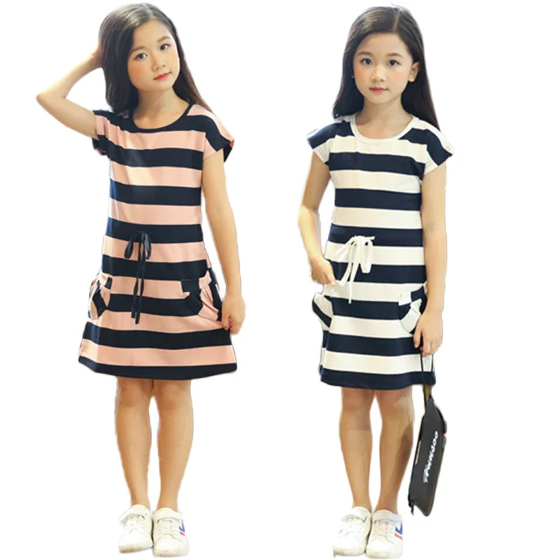 

girls summer dress casual cotton striped kids girl dress o-neck pockets Pullover girl dresses 4 6 8 10 12 14 y children clothing