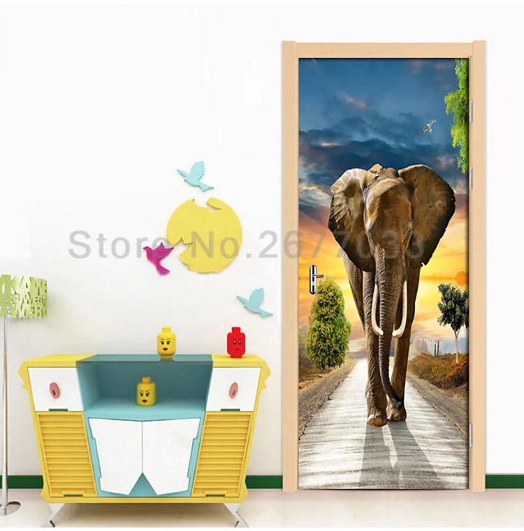 Дверная Фреска Рождественская декоративная 3D дверная наклейка самоклеющаяся Слон на дороге обои плакат домашний Декор 3D Наклейка на стену s
