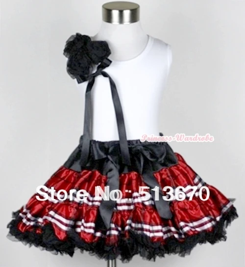 

White Tank Top With a Bunch of Black Rosettes& Black Bow With Red Black Checked Pettiskirt MAMG361