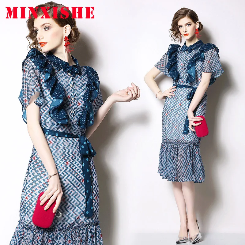 

Summer Women Dress 2019 Sexy Vintage Bodycon Elegant Floral Ruffle Midi Maxi Button Sashes Polka Dot Retro Casual party Dress