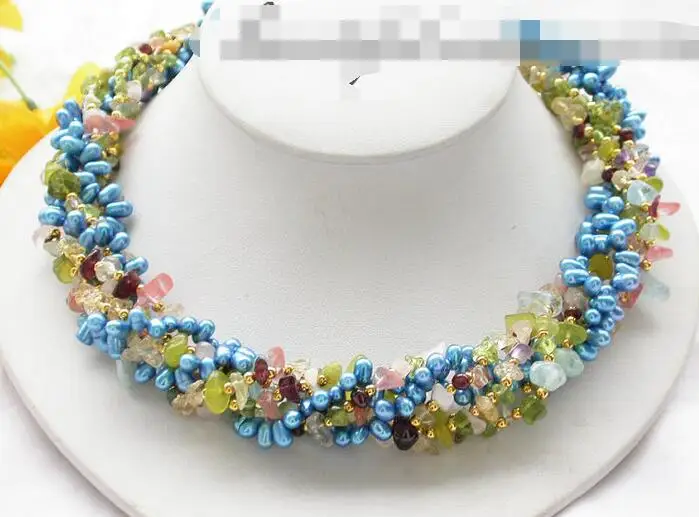 

FREE SHIPPING>>@@@ 3853 6row olivine crystal detritus blue rice pearl necklace
