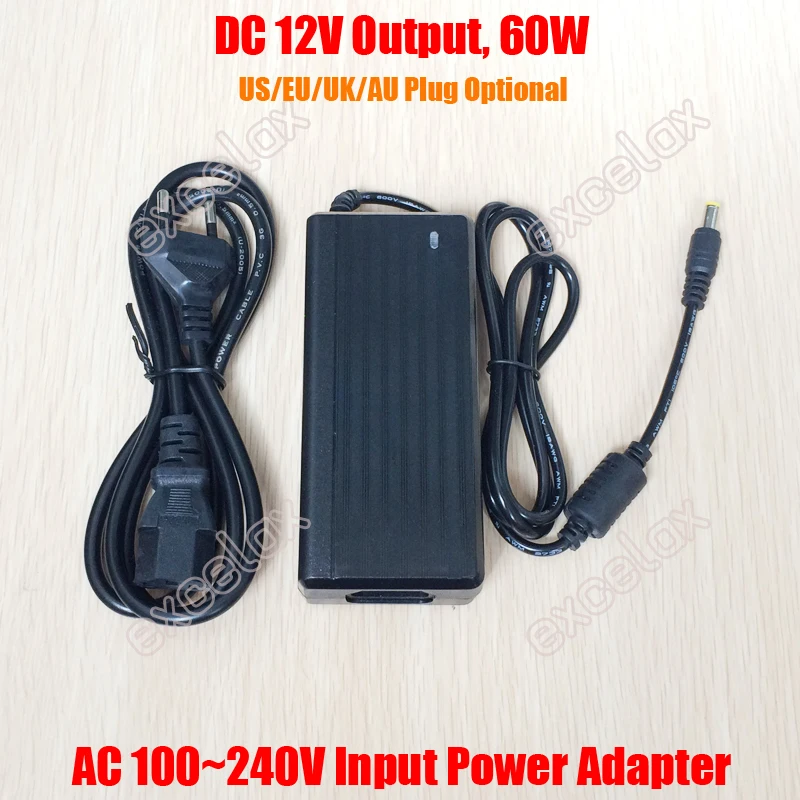

AC 110V AC 240V Input DC 12V 5A Output Power Supply Plug 2-Cable 12VDC Power Adapter w/ LED Light Indicator for CCTV Camera Use