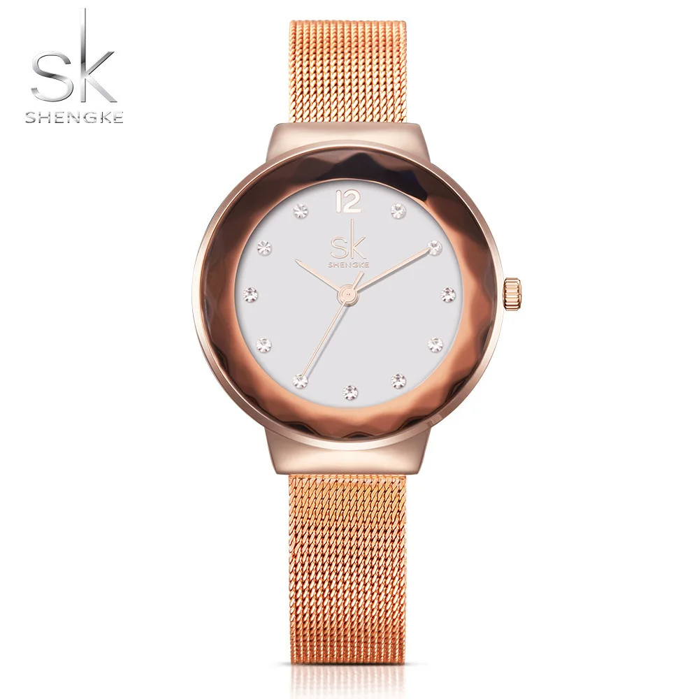 

Shengke New Luxury Women Watches Rose Golden Watch Mesh Belt Dress Clock Shell Dial Quartz Watch Bracelet Wristwatch SK