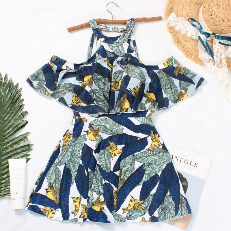 High Neck Swimwear For Women Print Leaf Beach Dress Swimsuit Femme Push Up Swim Wear Ladies May Sexy Bathing Suit Padded